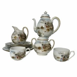 Antique Japanese Hand Painted Fine China Teapot, Teacups, Cream, Sugar, Plates